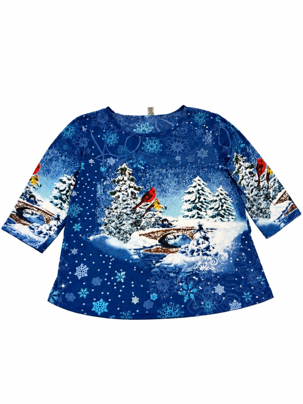 Collections Etc 2XL Christmas Winter Cardinal Snow Scene Top Cotton 3/4 Sleeve